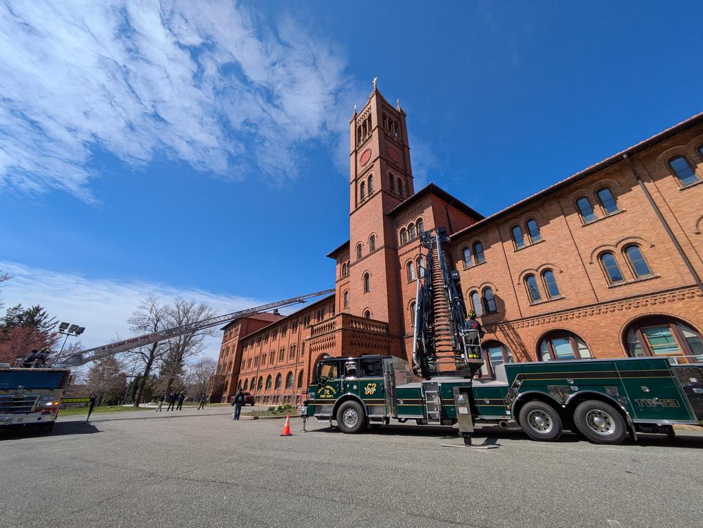 Aerial Operations class at St. Gabes in Lower Providence.  Training by setting up ladders for rescue and roof work.